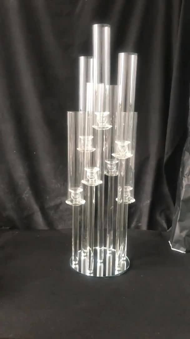 Hot Sale Cheap 100 Cm Tall 10 Arms Clear Glass Tube Candelabra Crystal Table Top Decoration