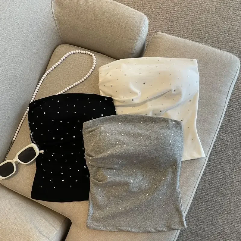French Dopamine Pure Desire Spring Outfit for Petite Women, Height-Enhancing Sexy Strapless Rhinestone Slim-Fit Age-Reducing Base Shirt for Women