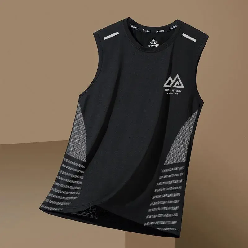 Summer Men's Ice Silk Breathable Vest Sports Fitness Base Shirt Wide Shoulder Training Sleeveless T-shirt Shoulder Quick-drying