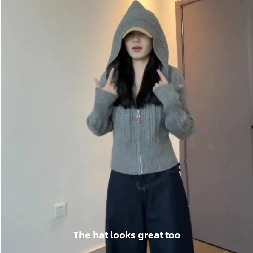 Thick Crochet Hooded Cardigan Women's 2024 Autumn/Winter New Slimming Waist Short Knit Top