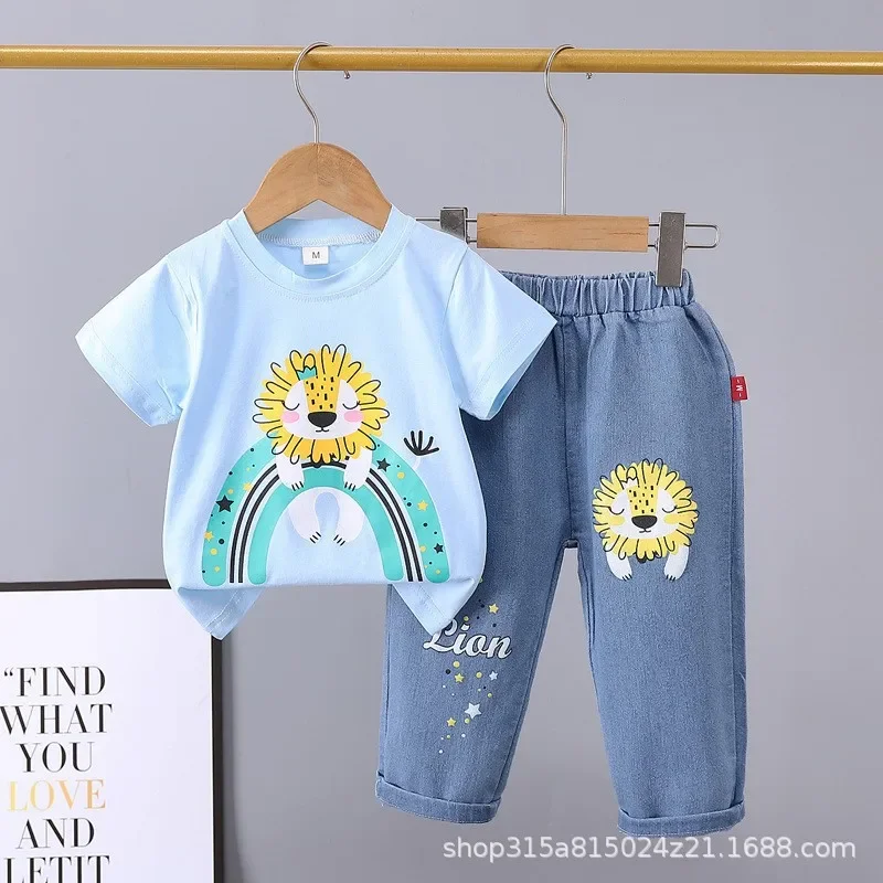 Летний детский denim комплект, мультяшные джинсы, с коротким рукавом, комплект из 2 предметов, 0-5 лет