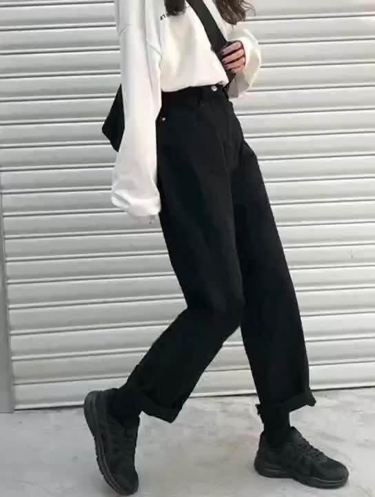 Thick legs pear-shaped body pants large size women's pants spring high-waisted jeans Fat sister mm loose thin 200 pounds