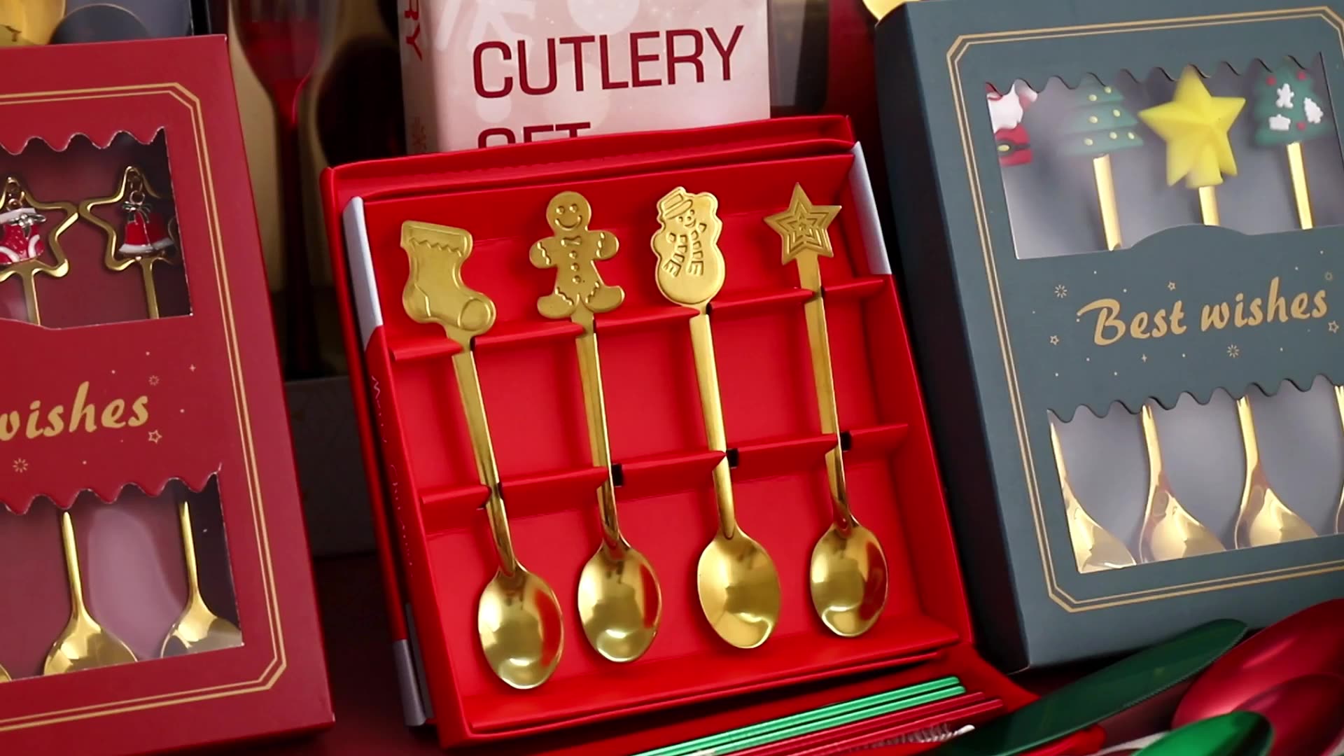 Golden Christmas Spoon Gift Set Cutlery Set Dessert Coffee Spoon 4pcs & 6pcs Christmas Spoon And ...
