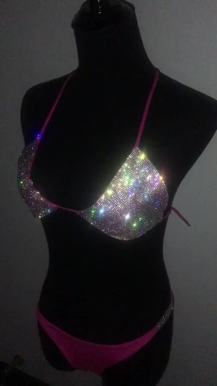 Shb6137 Shiny Rhinestones Bikini Set Halter Diamante Bra Sexy Thong Panty Bathing Suits Summer