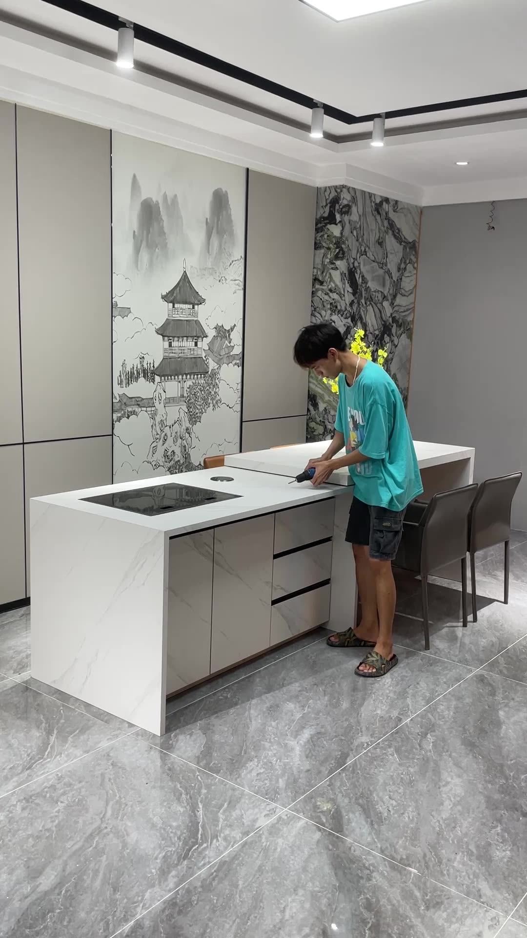 Luxury Modern Sintered Stone Slabs Countertops Kitchen Island Floating