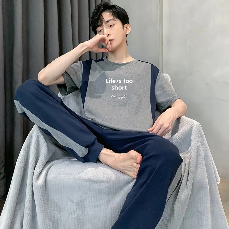 Large size 200kg men's short sleeve trousers pajamas summer new round neck casual loose dad wear home clothes