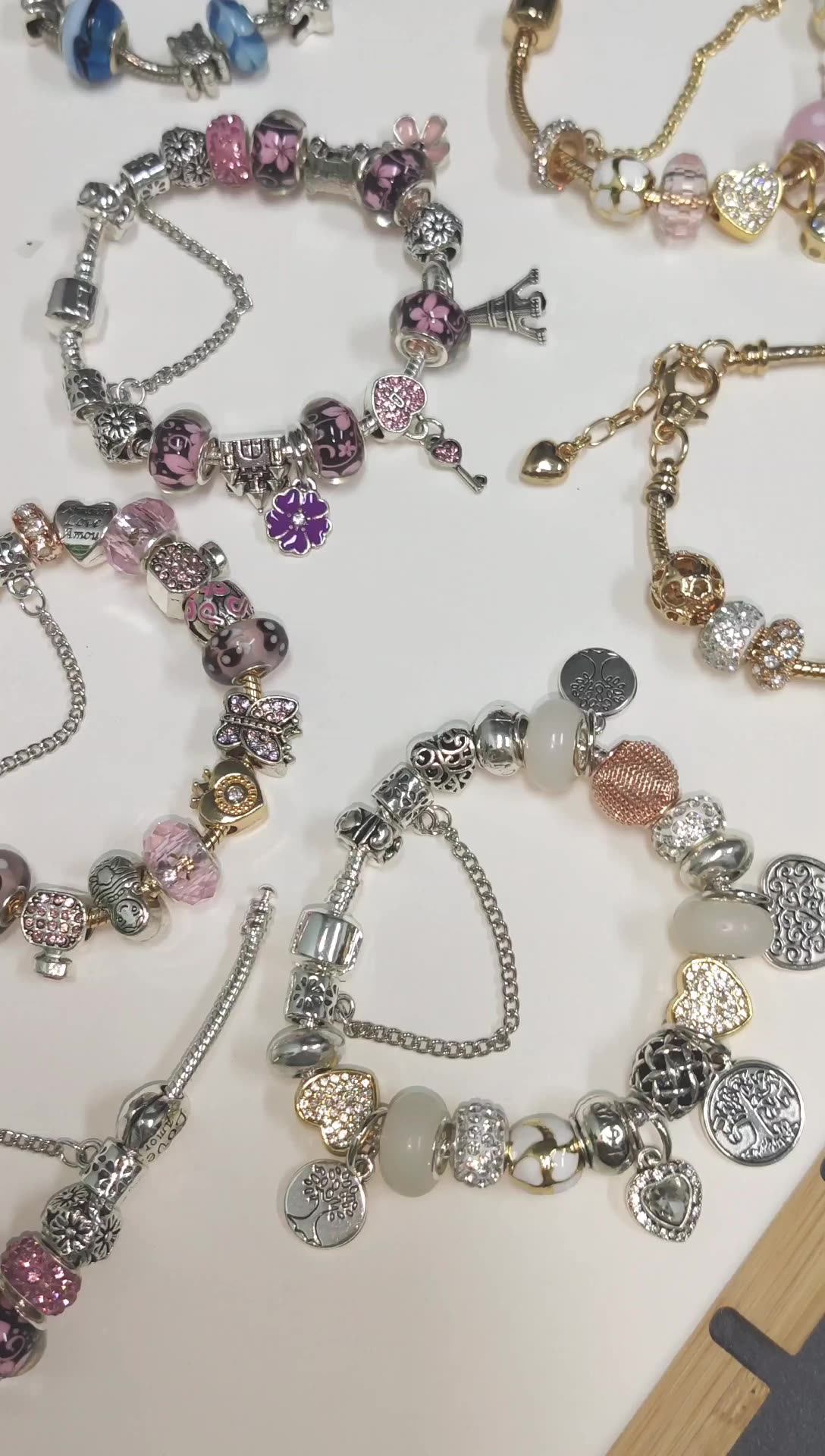 European Diy Gold Snake Chain Safety Chain Pink Chamilia Beads Bracelet