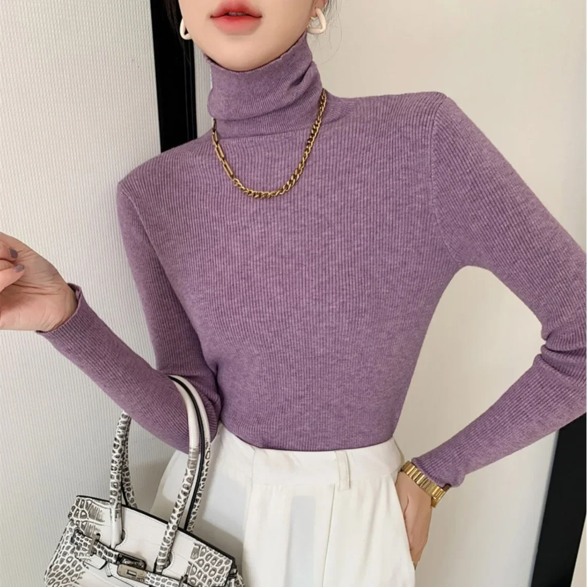 New autumn style women's Klein blue stacked collar sweater base shirt turtleneck sweater tight slim fit top