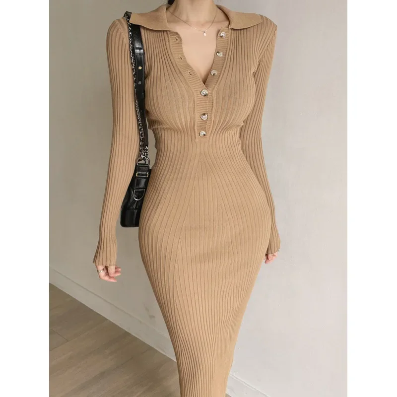 Autumn classic retro fitted solid long knitted dress