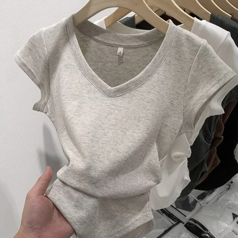 American-style V-neck solid color regular shoulder short-sleeve women's summer top with design sense, niche waist-cinch pleated slimming hot girl t-shirt base layer