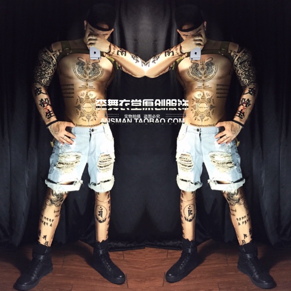 Bar nightclub male singer dj gogo 3D fake muscle ABS Sanskrit Chinese one-piece tattoo costume