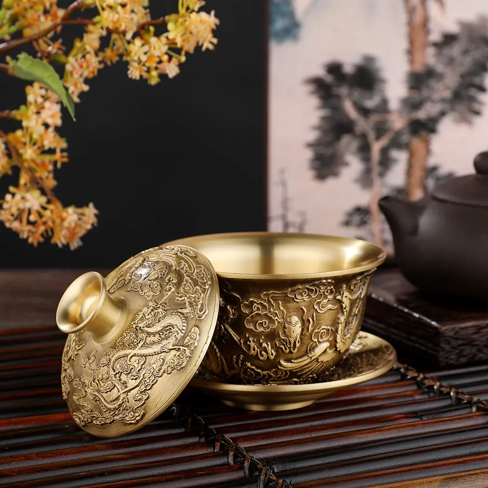 黃銅茶杯三件套古玩收藏銅器擺飾龍鳳呈祥茶碗茶盞桌面小擺件批發