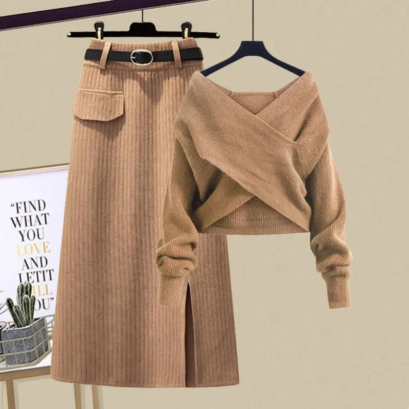 plus size Women's Winter suit Women's 2024 New Age-reducing Crossover Knitted Sweater Slimming Skirt Two-piece Set