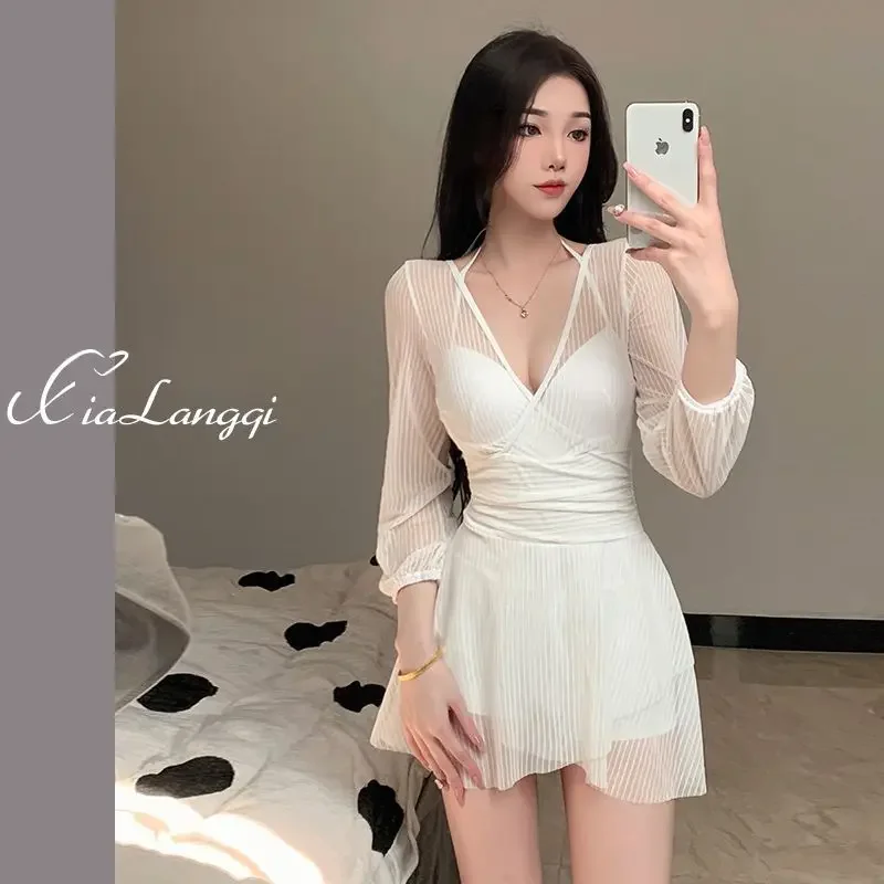 Swimsuits for women summer 2025 new one-piece dress style belly-covering and slimming conservative lace long-sleeved small breast steel support hot spring swimsuit