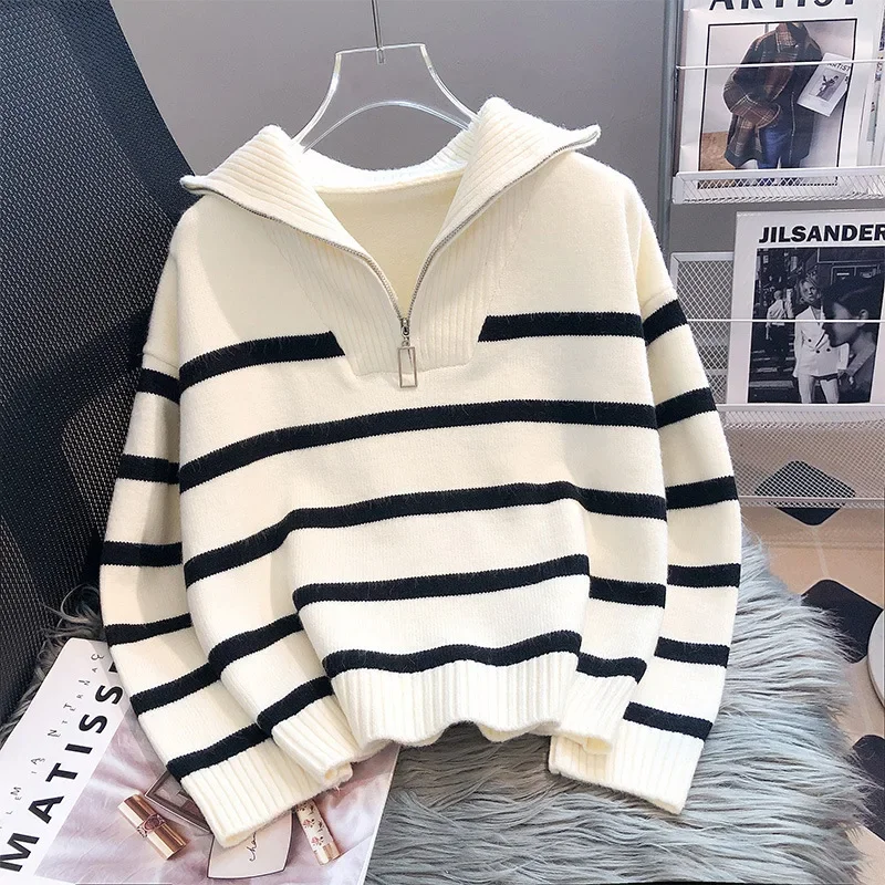 Women's Thickened Inner Sweater Women's Autumn and Winter 2024 New Style Zipper Striped Base Shirt Short Pullover Outer Wear Top