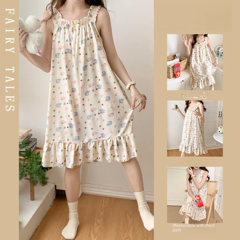 Summer pijama, thin removable cute top with cups for leisure, lifting effect