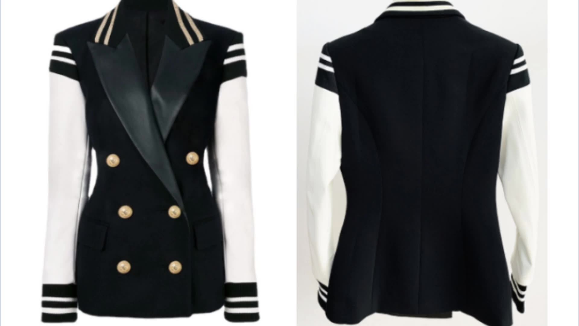 White Long Sleeve Leather Patchwork Double Breasted Women Baseball