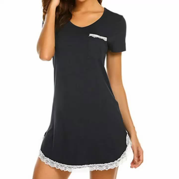 Lynmiss Wholesale Sleepwear Womens Nightgown Cotton Sleep Shirt Dress V