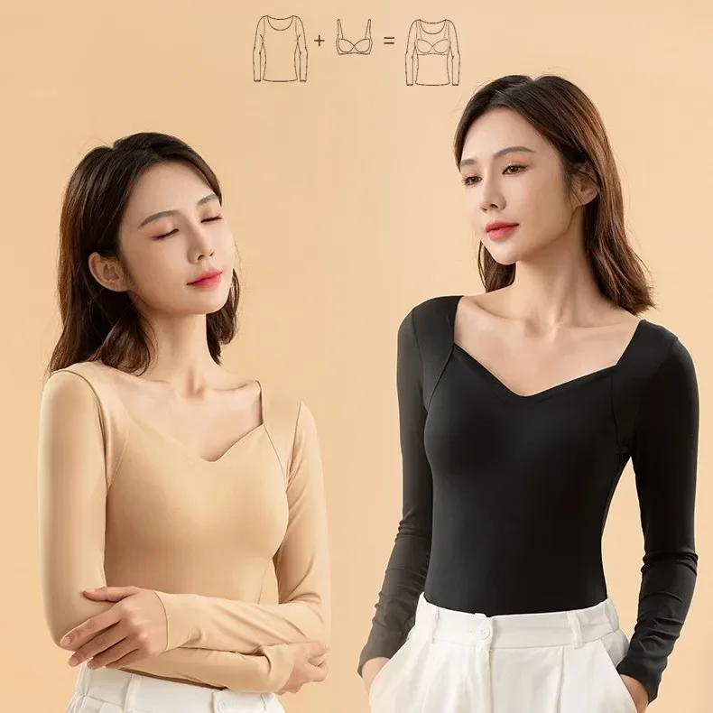 Autumn and Winter Self-heating Non-wearing Bra Warm Clothes with Chest Pad Long Sleeve Base-layer Shirt without Steel Ring Heating Top for Women