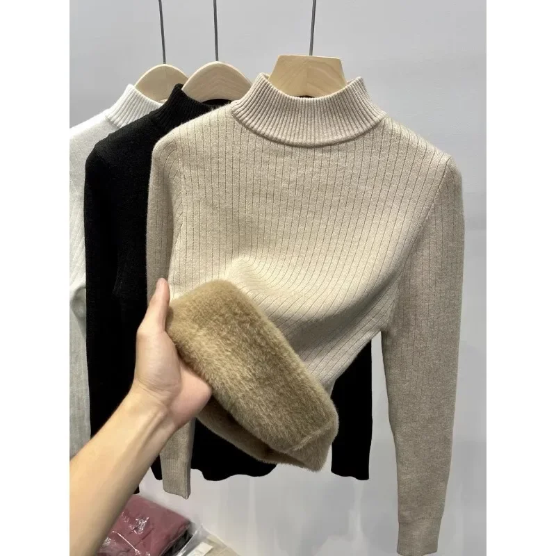 Thickened integrated fuzzy half-sleeve women's winter new warm and warm innerwear plain color versatile base knit sweater