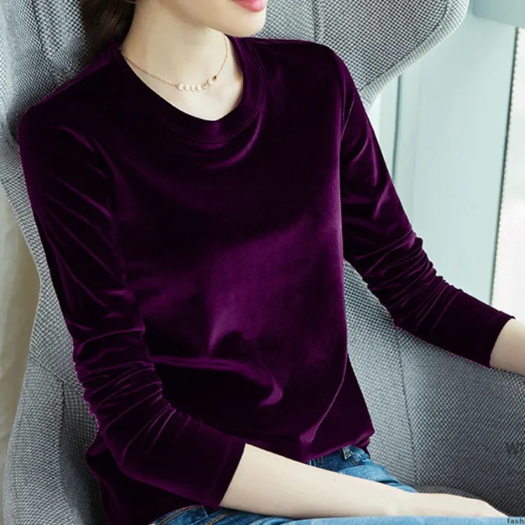 Velvet Lined Long-Sleeve T-Shirt for Women - 2025 Autumn/Winter New Women's Round Neck Slimming Base Shirt - European Style