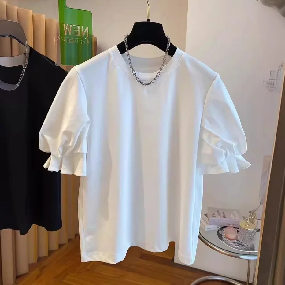 High-End Design Niche Flower Bud Puff Sleeve T-Shirt Women's Short-Sleeved 2026 New Loose Cotton Bottoming Shirt Top