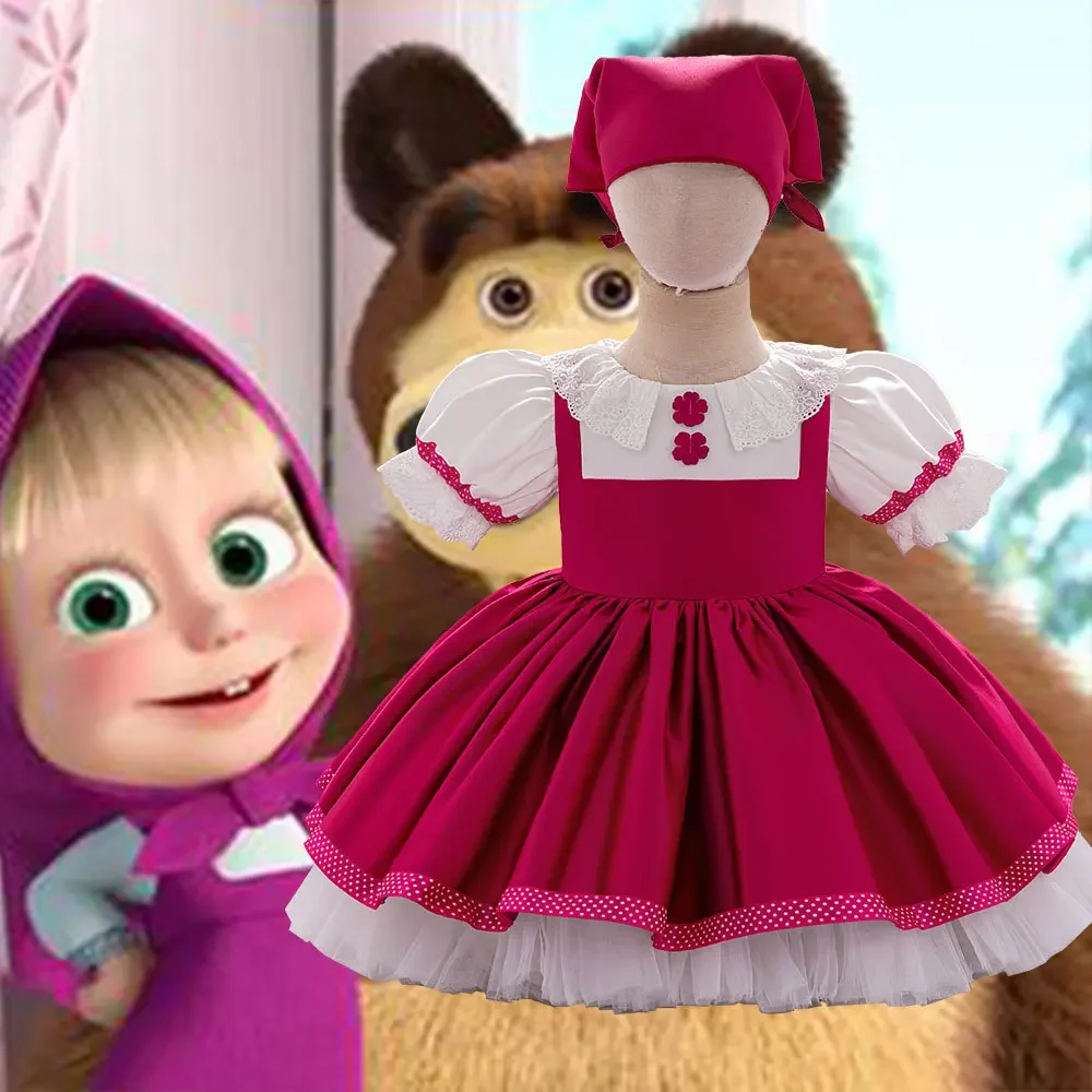 Cross-border New Girls Princess Dress Masha and the Bear Anime cosplay Coat Satin Fake Two-piece dress