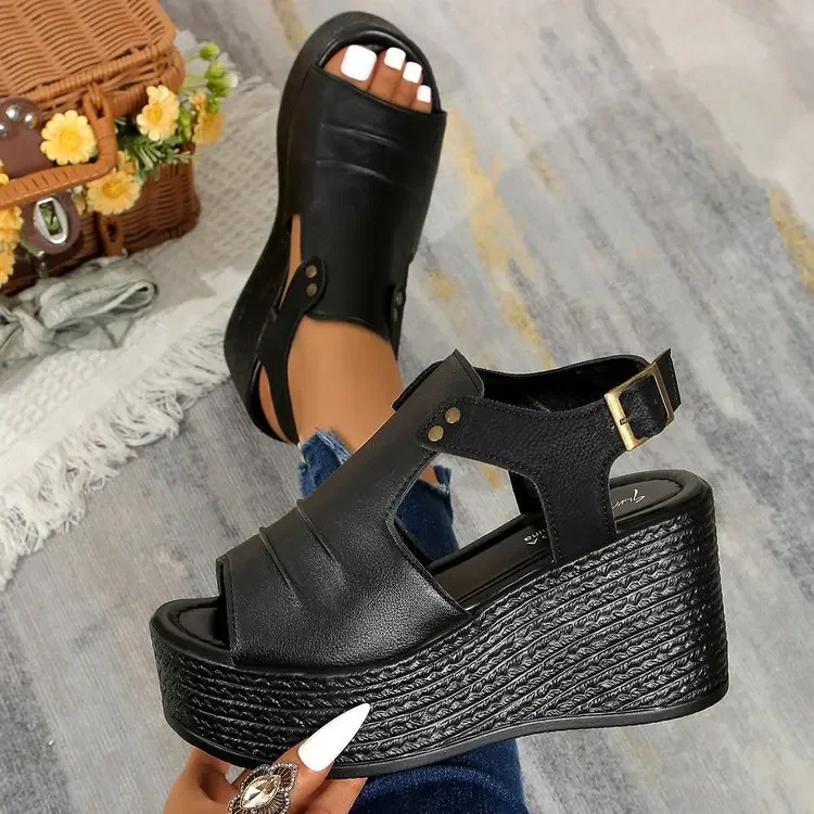 Cross-border plus size Wedge Buckle Sandals Women's Spring European and American Fashion Platform Sandals Comfortable and Breathable
