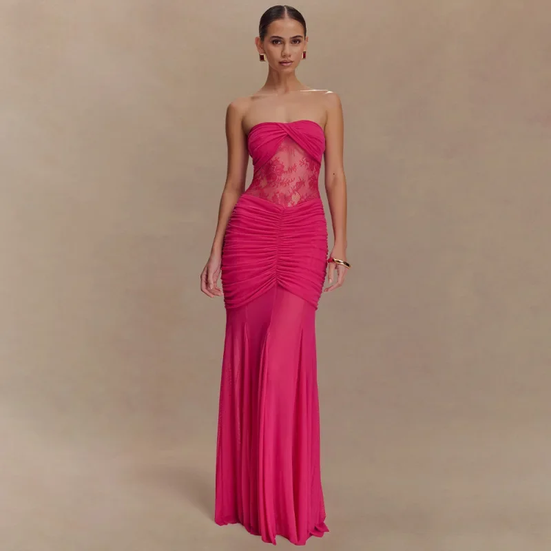 Hot Girl Tube Top Lace Splicing Dress 2025 Summer New Style Ladylike Elegant Slim Fashion Irregular Skirt for Women