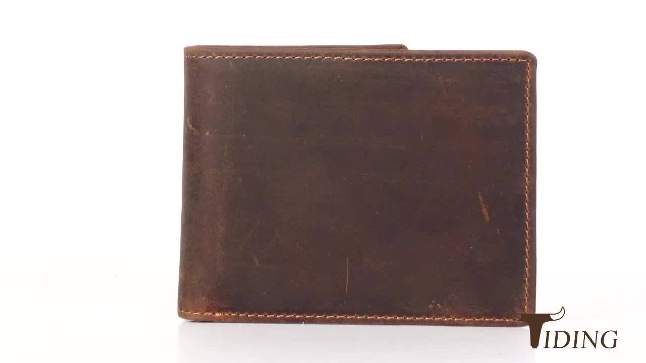 Custom Logo Wholesale Genuine Cowhide Crazy Horse Leather Bifold Wallet