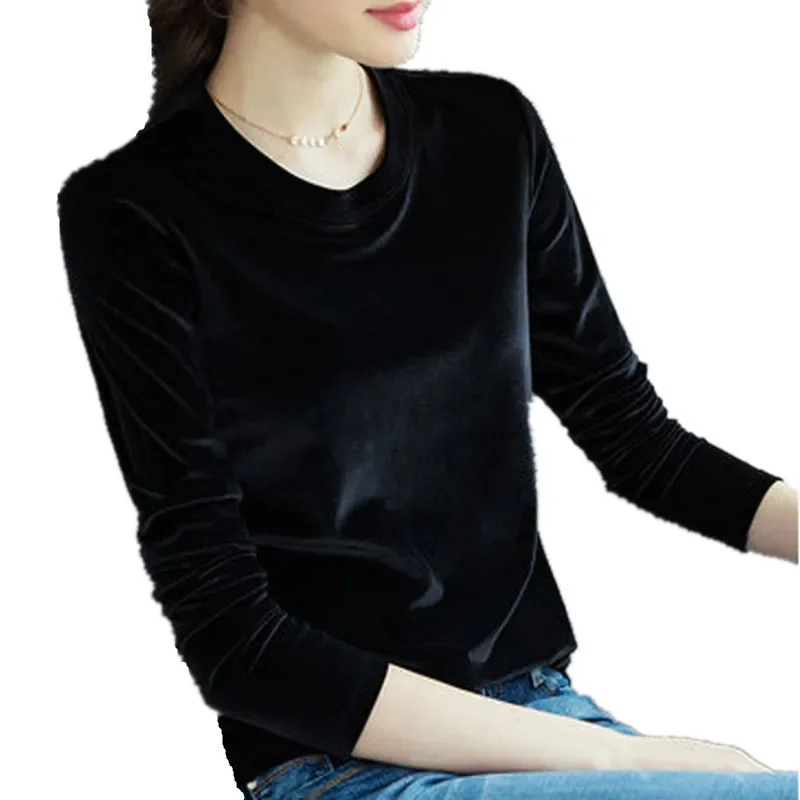 Velvet Lined Long-Sleeve T-Shirt for Women - 2025 Autumn/Winter New Women's Round Neck Slimming Base Shirt - European Style