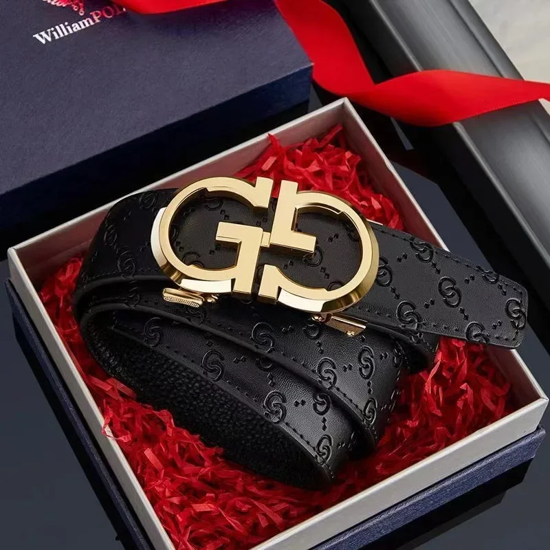 [TikTok Explosions] Belt Men's Alloy Letter Automatic Buckle Cowhide Embossed Belt Casual Business Belt in stock
