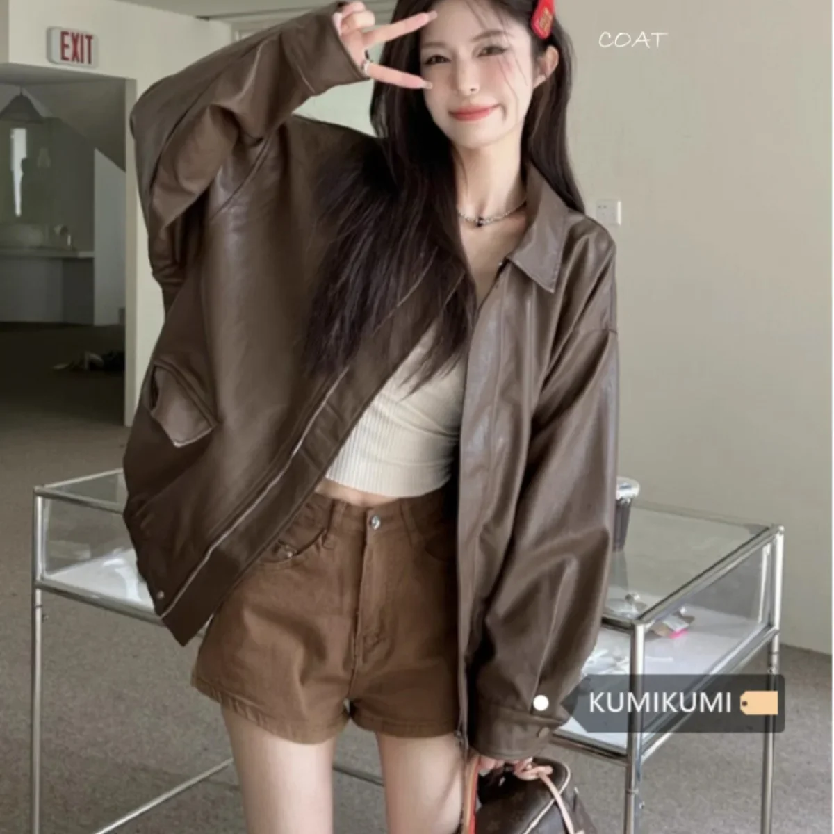 Vintage American-Style Coffee-Colored Leather Jacket for Women, 2026 Spring and Autumn New Sweet Cool Biker Style Loose Top for Women