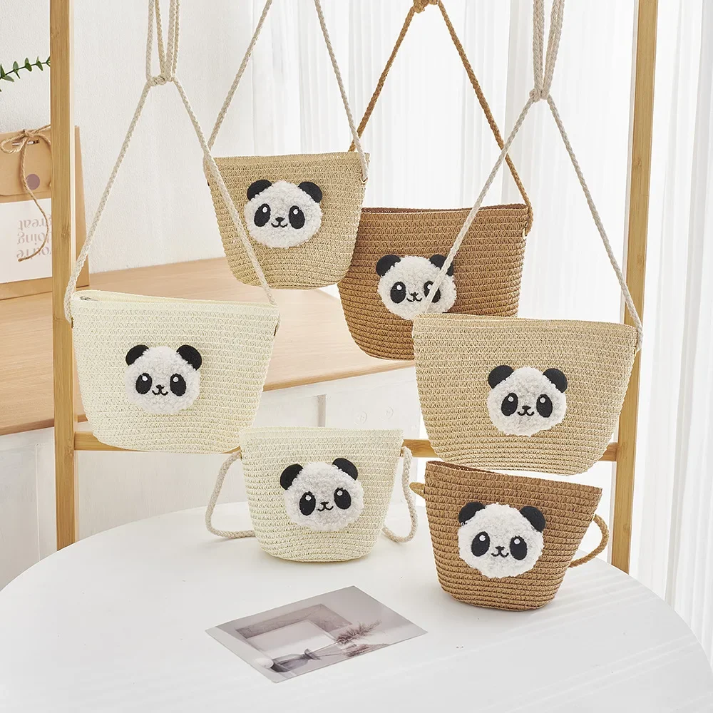 New Cartoon Children's Small Bag Woven Mobile Phone Bag Zipper Cute Giant Panda Travel Shoulder Crossbody Coin Purse