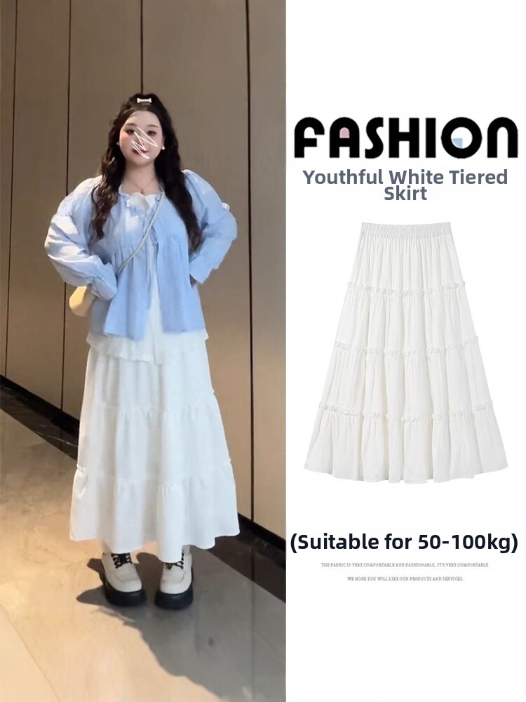 Plus Size White Cake Skirt for Women, Spring and Summer New Style, High-Waisted, Slimming A-Line Skirt, Petite Puffy Long Skirt