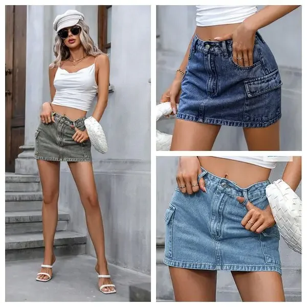 -65118 Amazon Cross-border European and American Women's Street Fashion Trousership Denim A-line Skirt