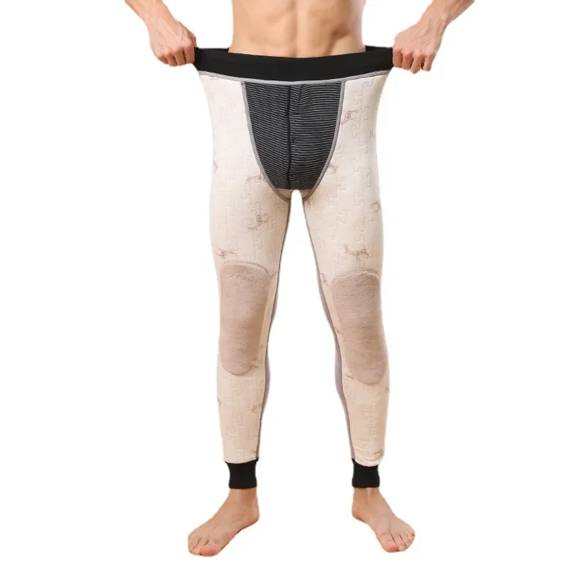 Men's woolen keep warm trousers, knee pads, fleece leggings, elastic thermal underwear, high waist