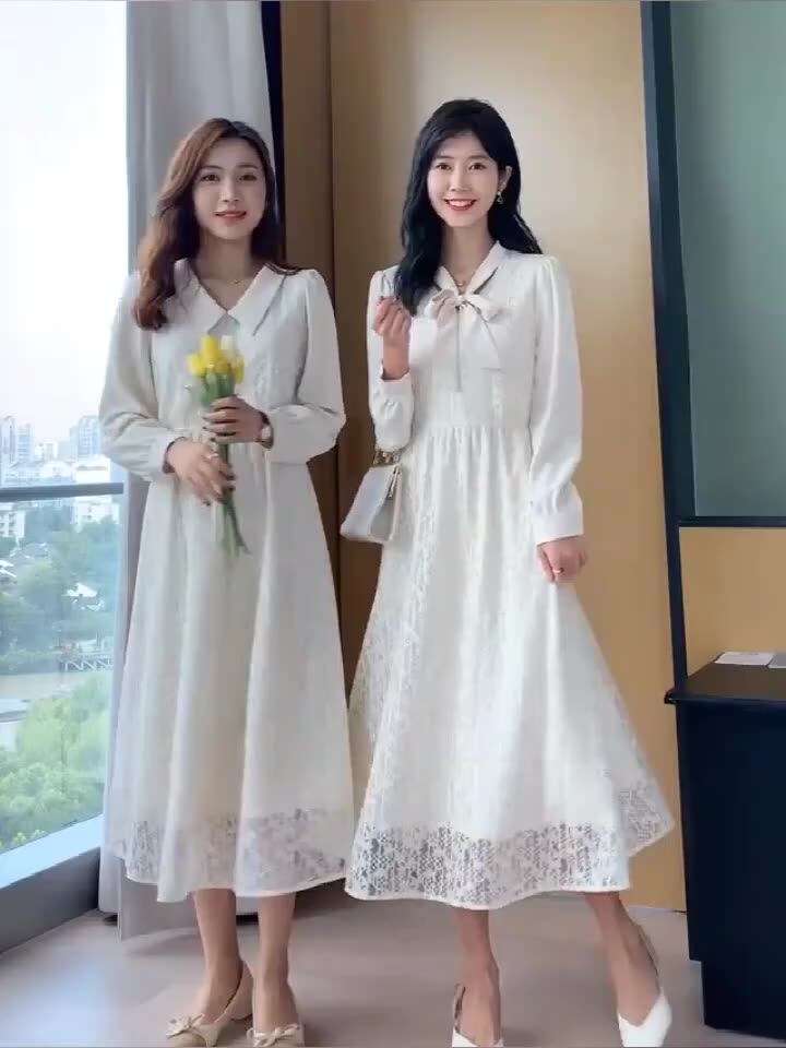 French retro niche temperament bellflower tea break dress 2021 spring and autumn new waist slim long-sleeved lace dress