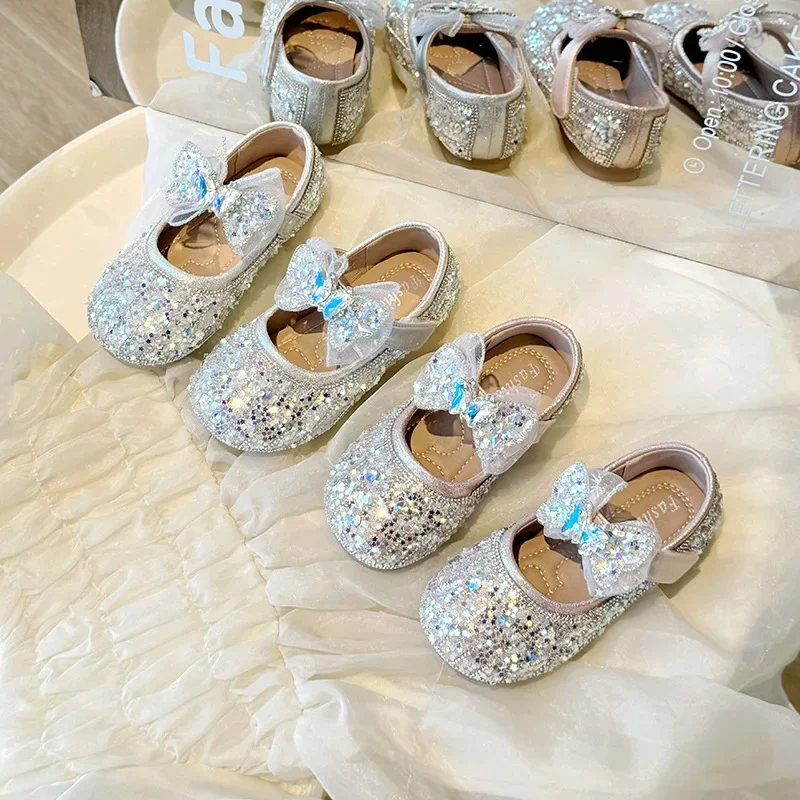 Girls' Shoes Princess Shoes Children's Leather Shoes 2024 New Spring and Autumn Baby Shoes Chanel Spring Shiny Crystal Shoes