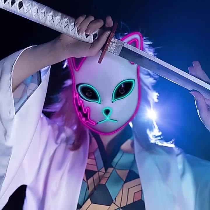 Demon Slayer Mask Halloween Cat Face Mask Glow Led Masks Anime Demon