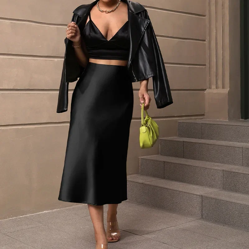 Cross-border Trade European and American Style Satin Half Skirt 2025 Spring and Summer Amazon Elegant Polyester Medium Length A-line Skirt