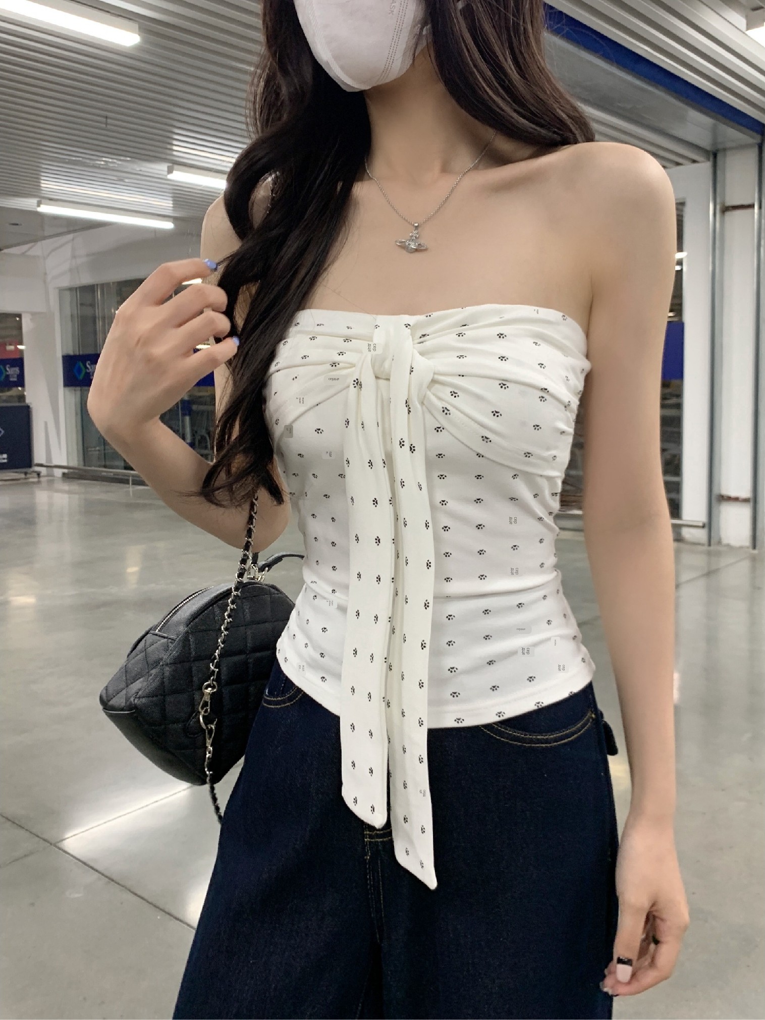 波点小狗爪满印系带抹胸背心女夏季2025新款辣妹收腰短款性感上衣