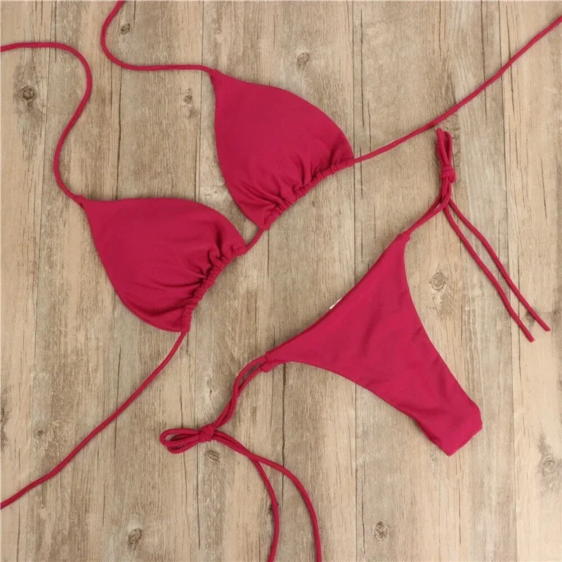 European and American Hanging Neck Solid Color Three-point Bikini Sexy Swimsuit Women's Split Strap Adjustable Multicolor Swimsuit