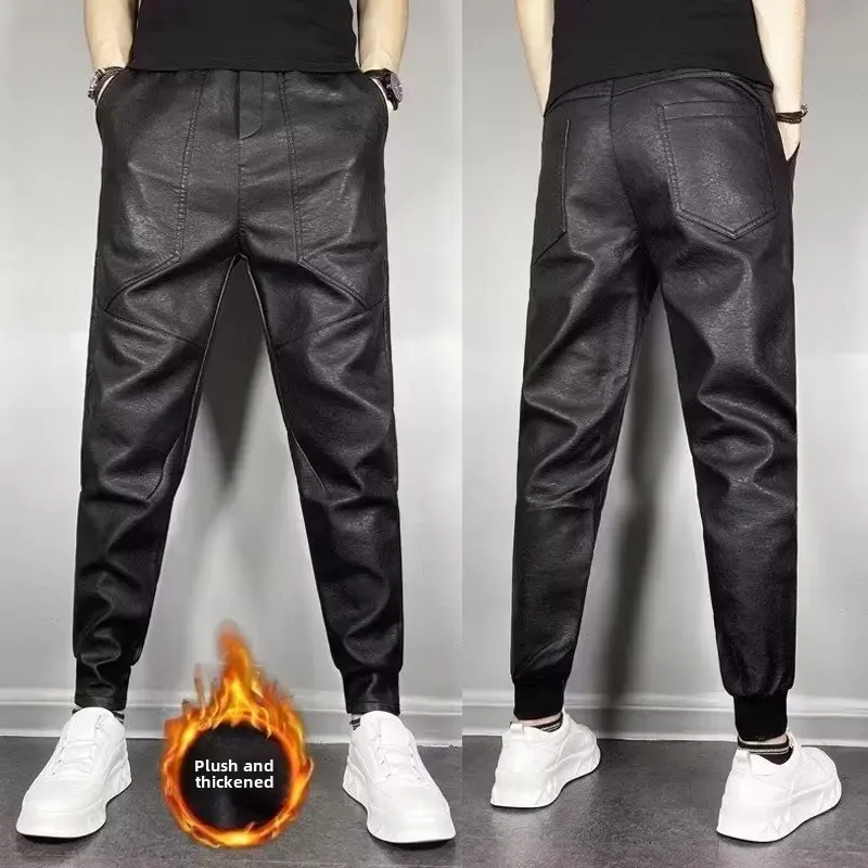 Winter New Men's Casual Stretch Motorcycle Leather Pants Small Leg Pants Windproof Waterproof Trousers Premium Sense PU Leather Pants