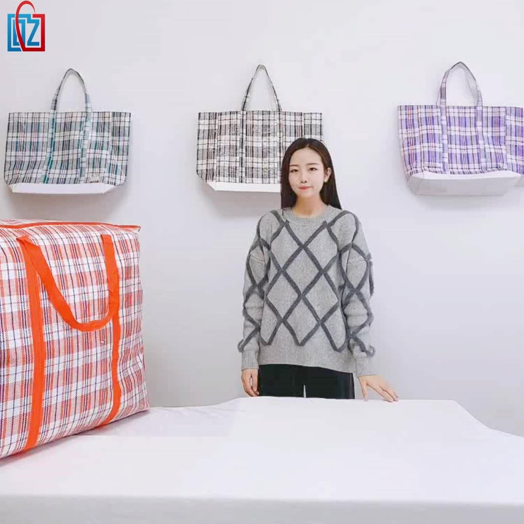 Large Plastic Checkered Woven Laundry Bags With Zipper Handles Foldable