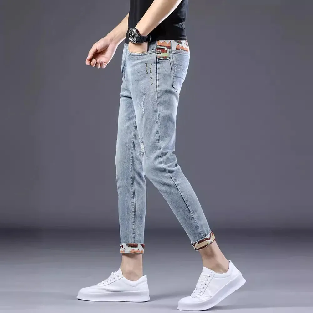 Летние thin trend джинсы для отдыха, Гонконг, с вышивкой, корейский стиль, облегающие