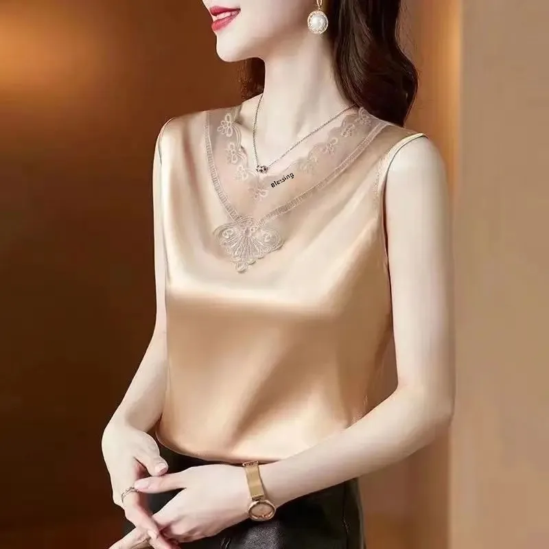 Sleeveless T-shirt for women's vest acetate lace fashionable inner wear suit base shirt spring and autumn sleeve top small shirt