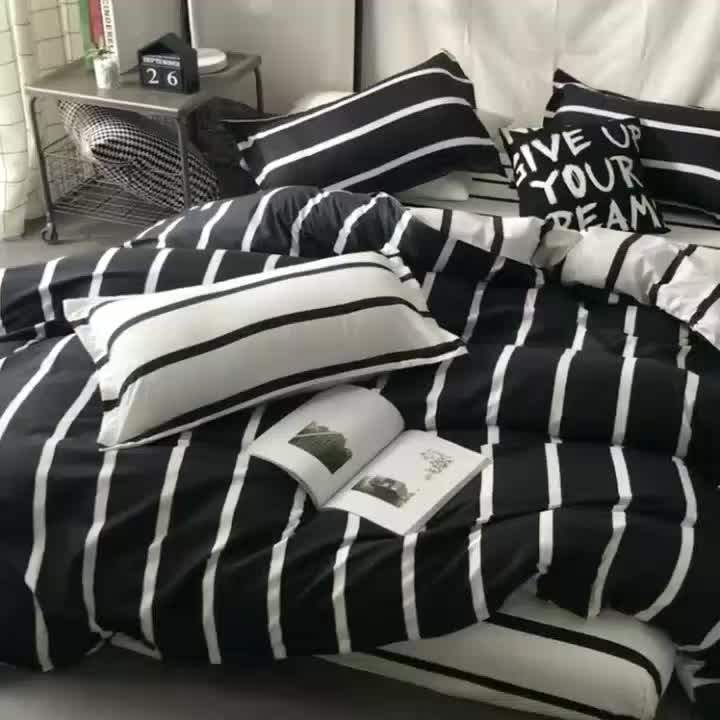 4 Pcs 100 Cotton Set Bed Set,Home Bed Black Printing Bedding Set For