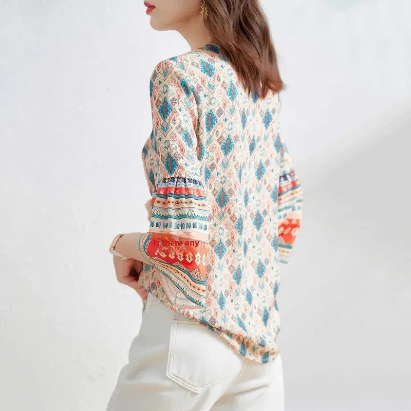 Ethnic style printed chiffon shirt 2021 summer new V-neck loose flared 3/4 sleeve shirt women's top
