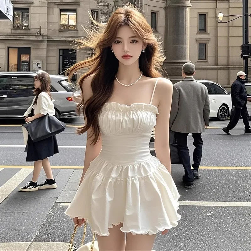 Double-Layered White Square-Neck Suspender Pleated Fungus Lace Dress for Women in Summer Pure Lust Light Luxury Sexy Skirt
